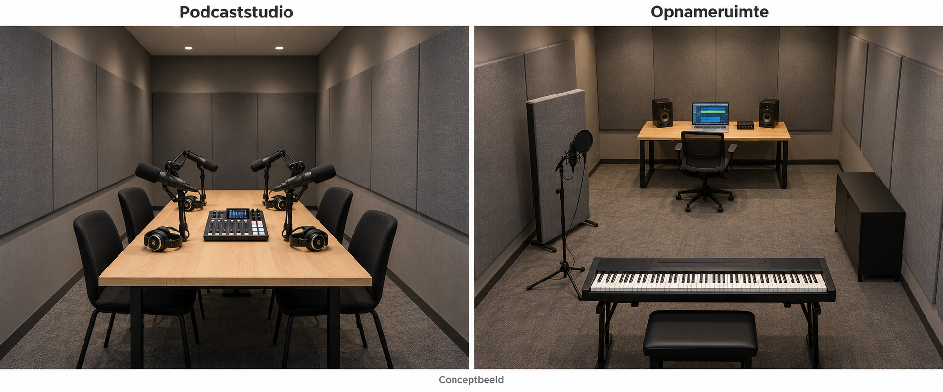 Conceptbeeld van een podcasttafel met vier microfoons, koptelefoons en een recorder